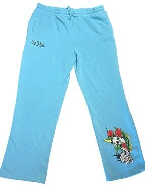 Von Dutch Blue Sweatpants Y2K Graphic Skull Roses Baggy XL
